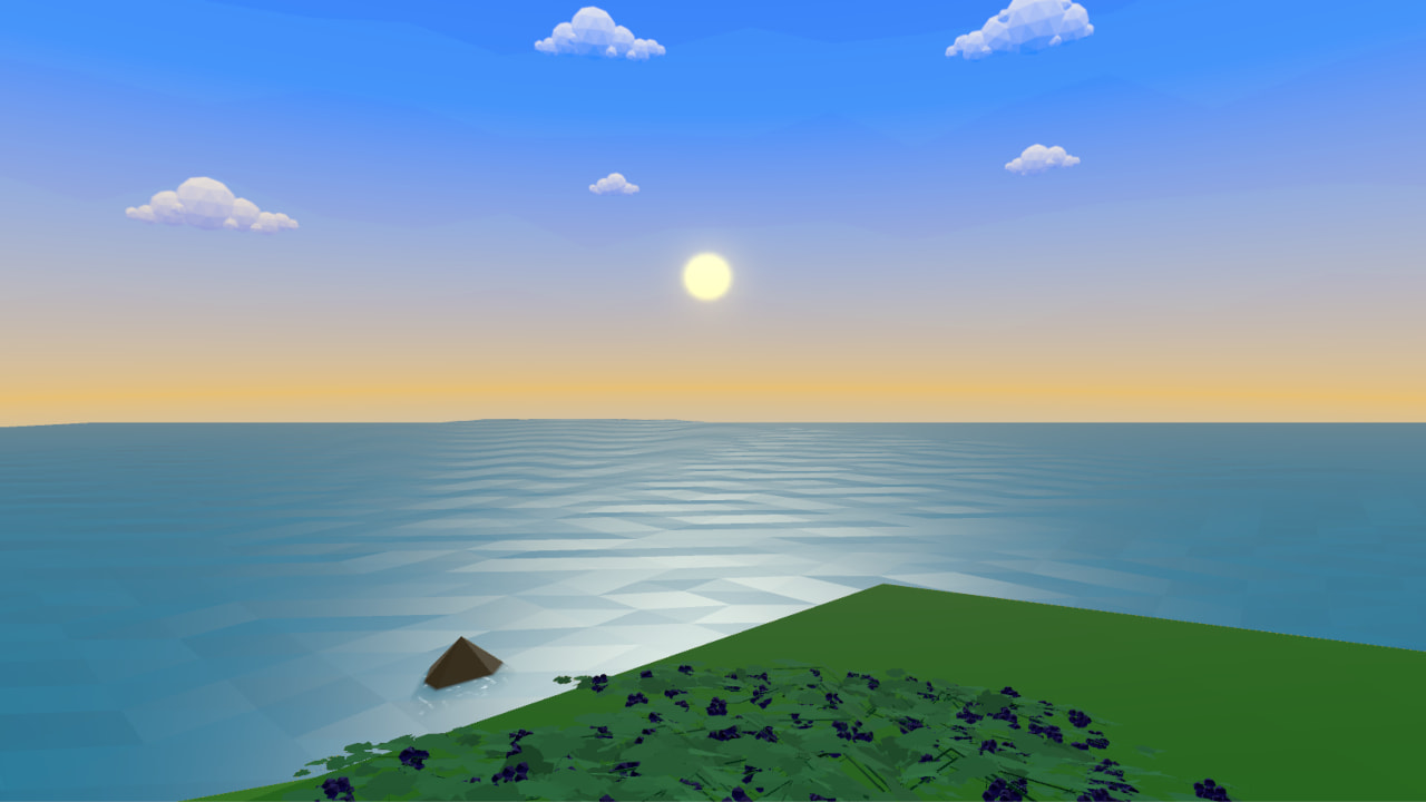 A VR game screenshot in a low-poly style depicting a grassy bank of a sea and a sunny sky.