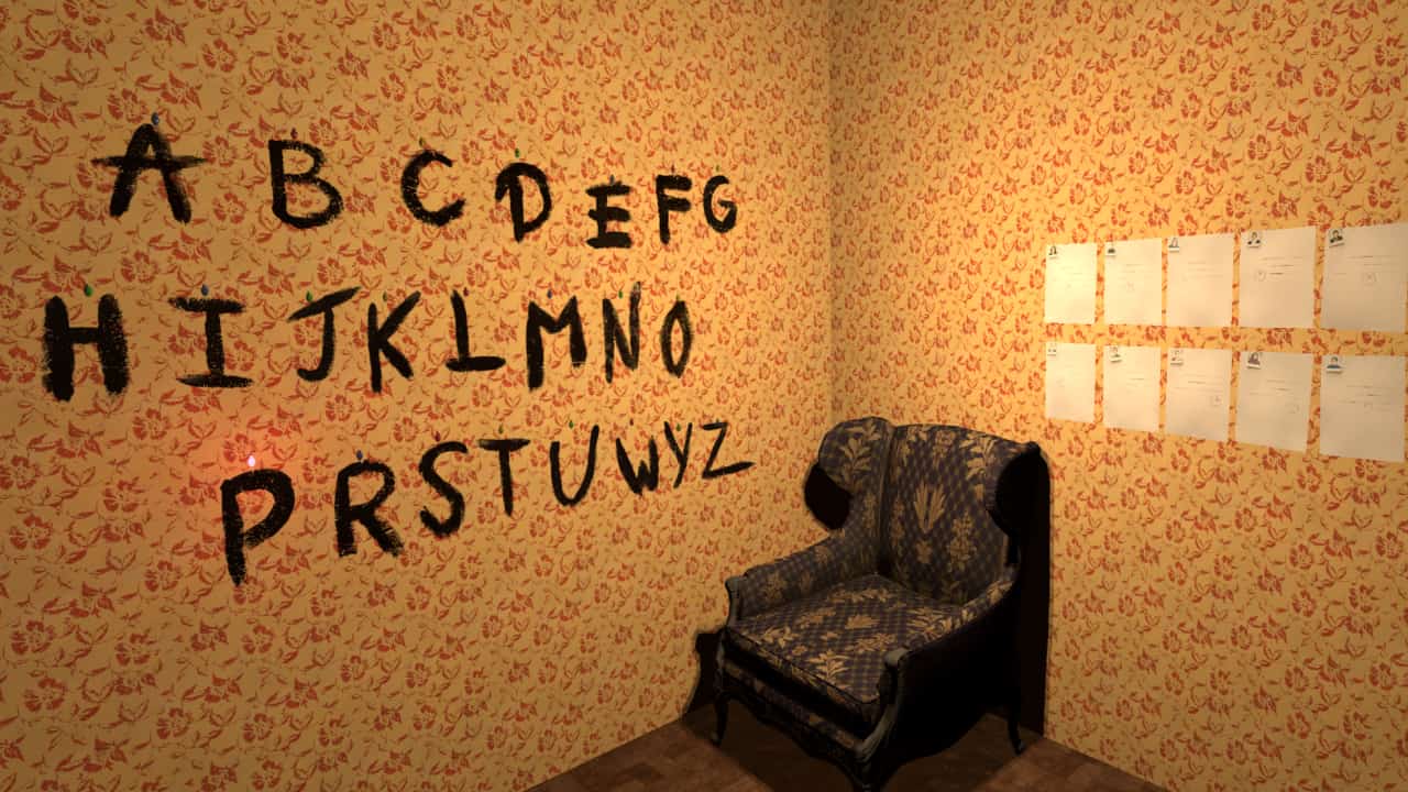 A screenshot from the VR game prototype depicting letters of alphabet painted in black on a yellow wall. There is an old-fashioned armchair in the corner and the wall behind is covered with sheets of paper.